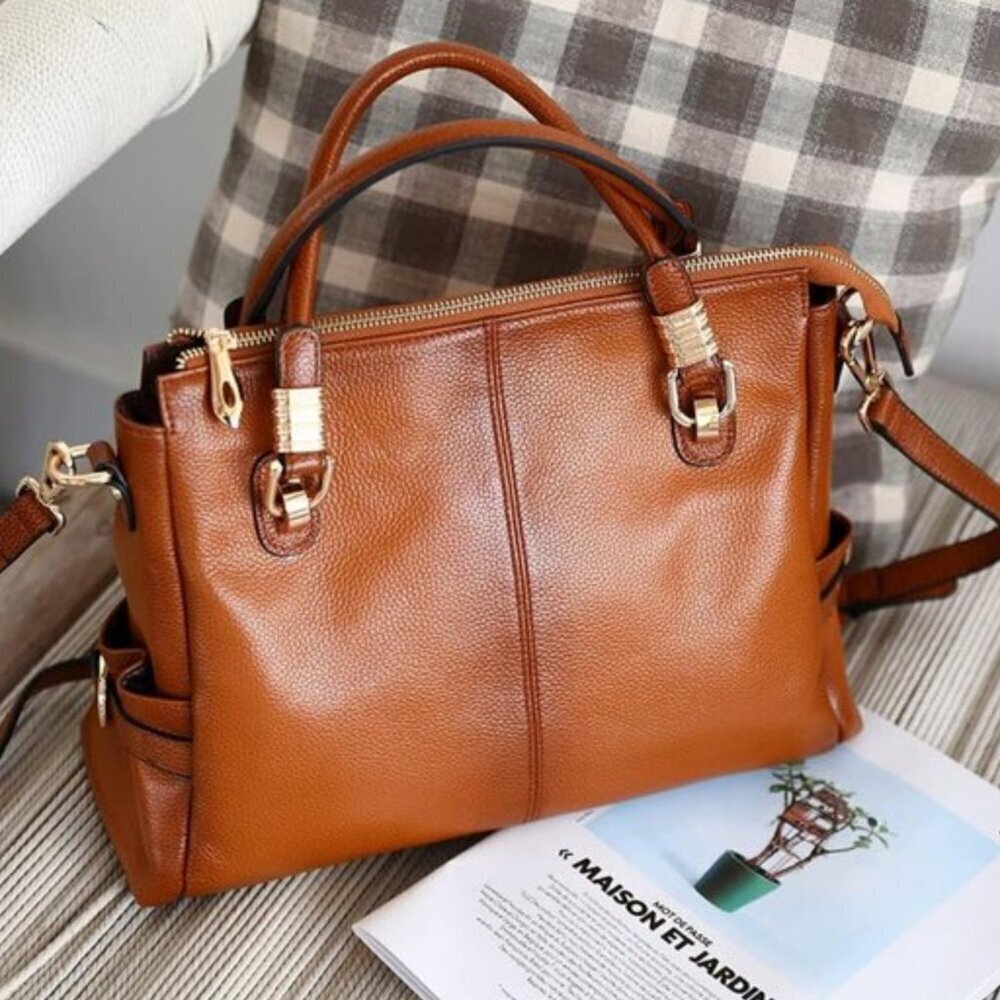 🆕Women Orange Brown Genuine Leather Purses and Handbags Tote Shoulder Bag